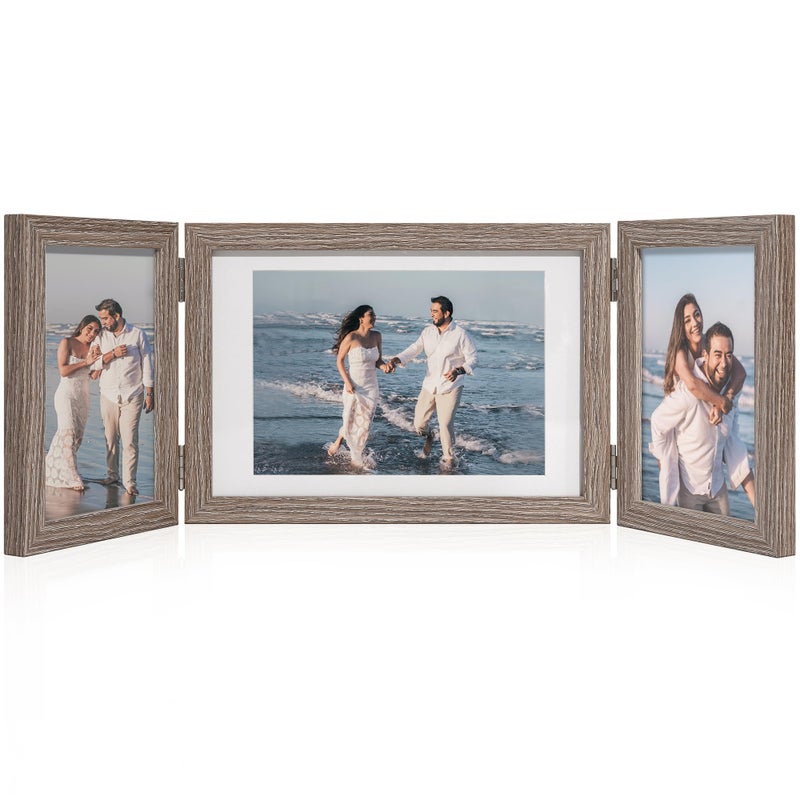 Afuly 5x7 Picture Frame 3 Picture Frames 4x6 5x7 Photo Frames Trifold Triple Collage Rustic Wood Vertical Horizontal Desk Wall Display Decor, Unique Wedding Birthday Gifts for Women Mom Family Friends - Image 1